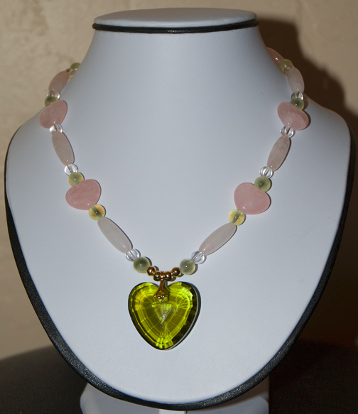 rose quartz hearts and bugle beads