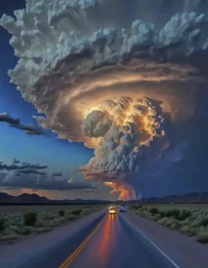 Massive thunderstorm cloud over highway