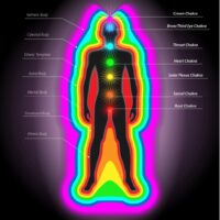 Picture of a human form showing the seven chakras and seven layers of the aura
